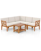 6 Pieces Acacia Wood Patio Furniture Set with Cushions and 2-Tier Coffee Table-White