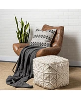 Ivory Wool Sqaure Pouf With Popcorn Detail