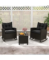 3-Piece Patio Rattan Roker Chairs with Tempered Glass Table and Soft Cushions-Black