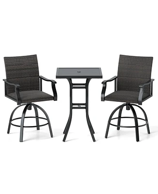 3 Pieces Pe Wicker Patio Swivel Bar Set with Quick-Drying Foam-Black