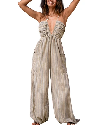 Cupshe Women's Striped Plunge Loose Leg Jumpsuit