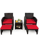 5 Pieces Patio Rattan Furniture Set with Ottoman and Tempered Glass Coffee Table