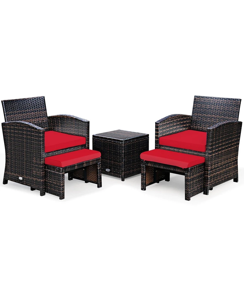 5 Pieces Patio Rattan Furniture Set with Ottoman and Tempered Glass Coffee Table
