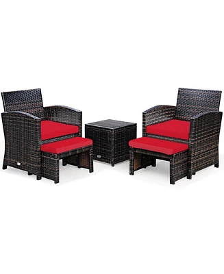 5 Pieces Patio Rattan Furniture Set with Ottoman and Tempered Glass Coffee Table