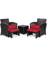 5 Pieces Patio Rattan Furniture Set with Ottoman and Tempered Glass Coffee Table