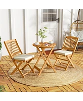 3 Pieces Acacia Wood Patio Folding Bistro Set with Soft Cushions-Beige