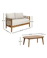 LuxenHome Outdoor Acacia Wood with Rope Sides Club Loveseat with Cushions and Coffee Table
