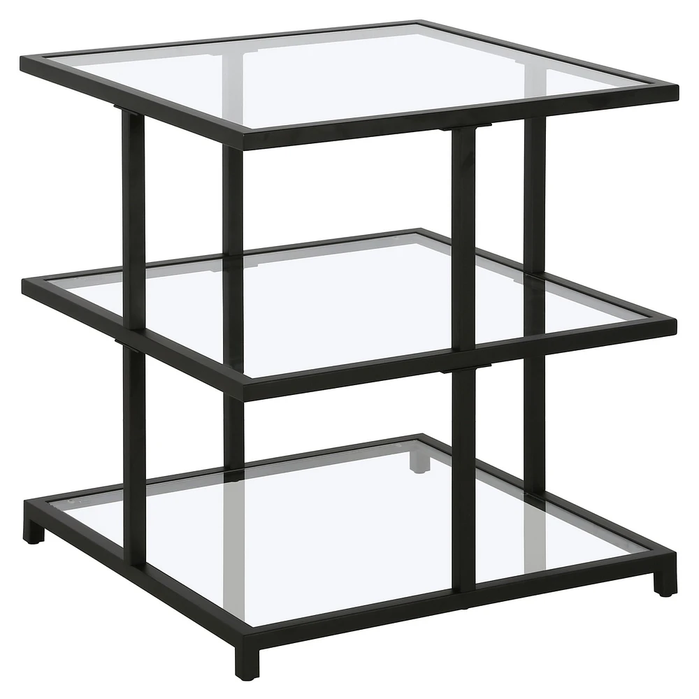 Contemporary Square End Table with Tempered Glass Top and Dual Shelves
