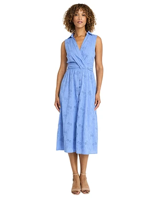 Maggy London Women's Cotton Eyelet V-Neck Shirtdress