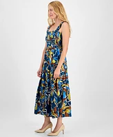 Anne Klein Women's Printed Smocked Cotton Sleeveless Maxi Dress