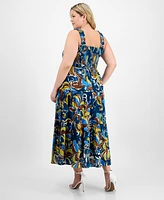 Anne Klein Plus Printed Smocked Cotton Sleeveless Maxi Dress