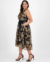Tahari Asl Plus Embroidered-Mesh Tie-Waist Dress