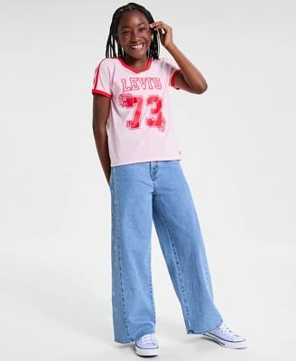 Levis Big Girls Sporty V Neck T Shirt High Rise Baggy Embroidered Jeans