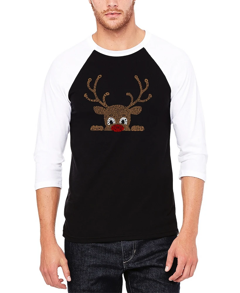 La Pop Art Men's Peeking Reindeer Raglan Baseball Word T-Shirt