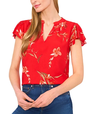 CeCe Women's Floral Print Flutter-Sleeve Blouse