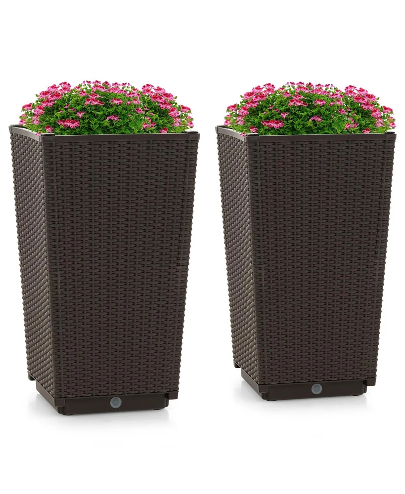 Outdoor Wicker Flower Pot Set of 2 with Drainage Hole for Porch Balcony-Brown