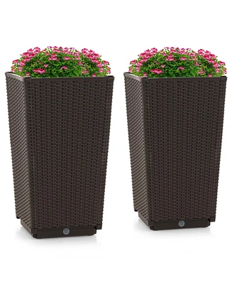 Outdoor Wicker Flower Pot Set of 2 with Drainage Hole for Porch Balcony-Brown