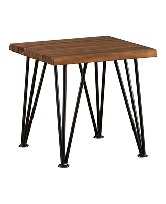 18 Inch Rustic Industrial Accent Table & Side Table for Patio, Acacia Wood Top, Iron Legs