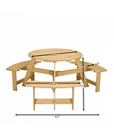 Outdoor 6 Person Picnic Table, 6 person Round Picnic Table with 3 Built-in Benches, Umbrella Hole