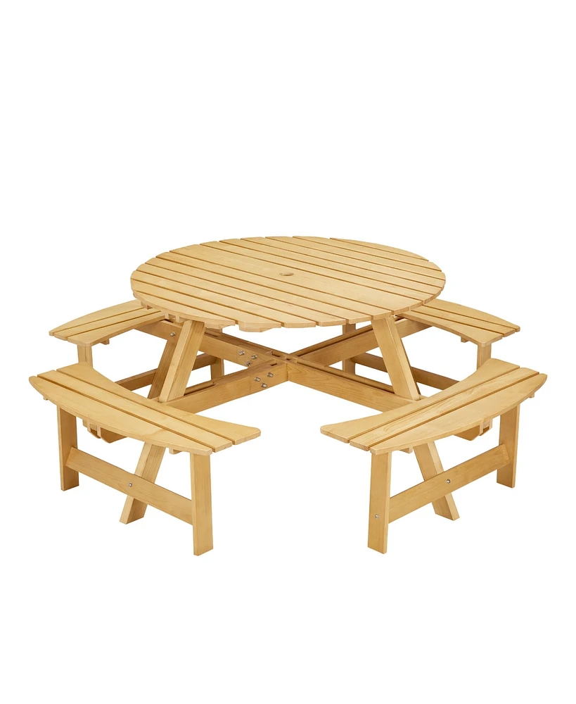 70 in. Natural Light Brown wood 8-Person Round Wooden Outdoor Picnic Table with 4 Built-in Benches and Umbrella Hole
