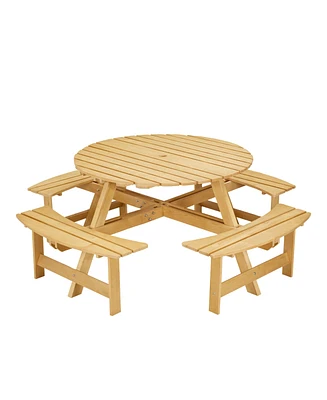 70 in. Natural Light Brown wood 8-Person Round Wooden Outdoor Picnic Table with 4 Built-in Benches and Umbrella Hole