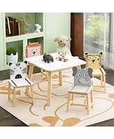 5 Piece Kiddy Table and Chair Set , Kids Wood Table with 4 Chairs Set Cartoon Animals