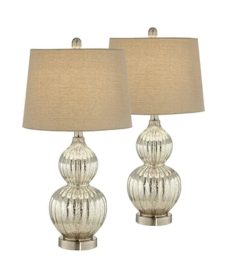 Lili Table Lamps 25" High Set of 2 Fluted Mercury Glass Brushed Silver Metal Double Gourd Drum Shade Decor for Living Room Bedroom House Bedside