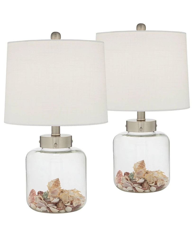 Country Coastal Small Accent Table Lamps 20.5" High Set of 2 Clear Glass Fillable Shells White Drum Shade Decor for Living Room Bedroom Beach Hou
