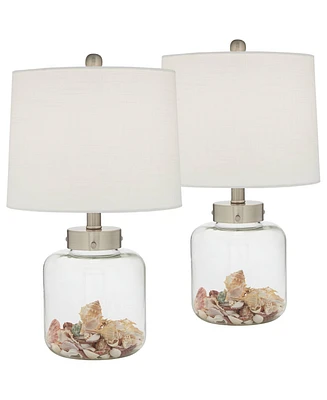 Country Coastal Small Accent Table Lamps 20.5" High Set of 2 Clear Glass Fillable Shells White Drum Shade Decor for Living Room Bedroom Beach Hou