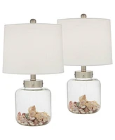 Country Coastal Small Accent Table Lamps 20.5" High Set of 2 Clear Glass Fillable Shells White Drum Shade Decor for Living Room Bedroom Beach Hou