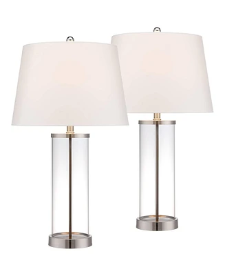 Modern Coastal Style Table Lamps 26" High Set of 2 Fillable Clear Glass Steel Metal White Empire Fabric Shade for Living Room Bedroom Beach House
