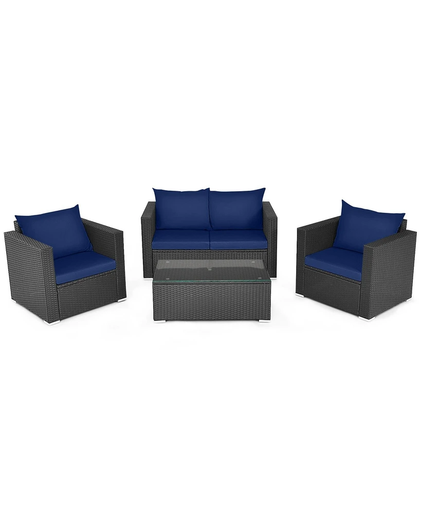 4 Pieces Patio Rattan Conversation Set with Padded Cushions