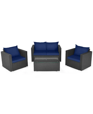 4 Pieces Patio Rattan Conversation Set with Padded Cushions