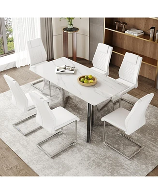 63" Snow Mountain Table & 6 White Pu Chairs