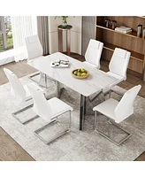 63" Snow Mountain Table & 6 White Pu Chairs