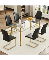 Golden Leg Glass Table & 6 Black Pu Chairs