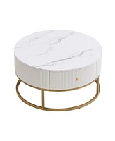 31.5" Round Coffee Table w/ Drawers, Faux Marble Top