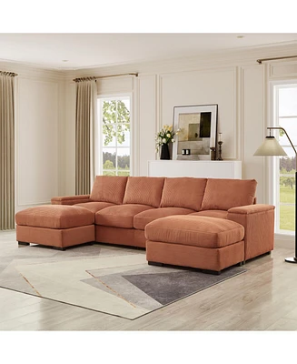 Corduroy Sectional Sofa with Ottomans - Orange