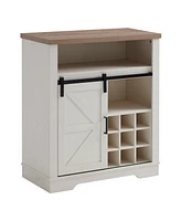 Barn Door Cabinet, Wine Shelf, Rustic Oak/White