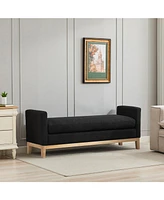 Black Boucle Upholstered Bench/Daybed with Wood Legs & Pillows
