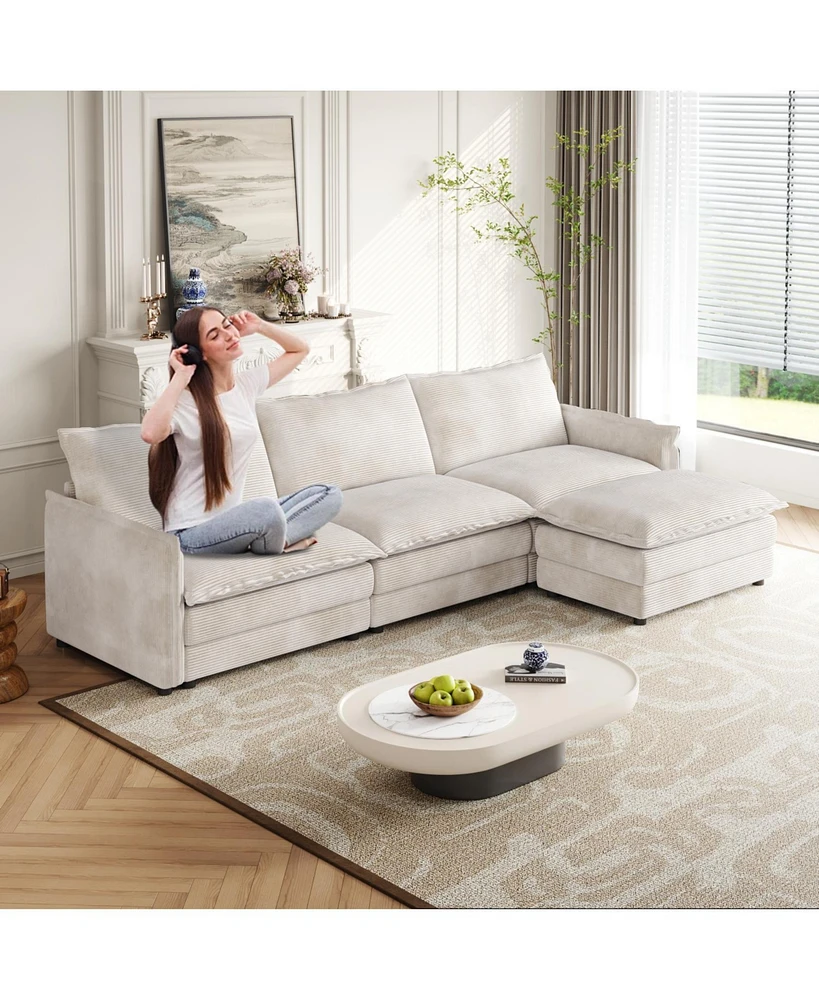 Corduroy 3-Seater Cloud Couch with Footrest & Cushions