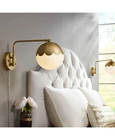 Kelowna Modern Swing Arm Wall Lamps Set of 2 Antique Brass Metal Plug-In Light Fixture Round Glass Globe Shade for Bedroom Bedside House Reading Livin