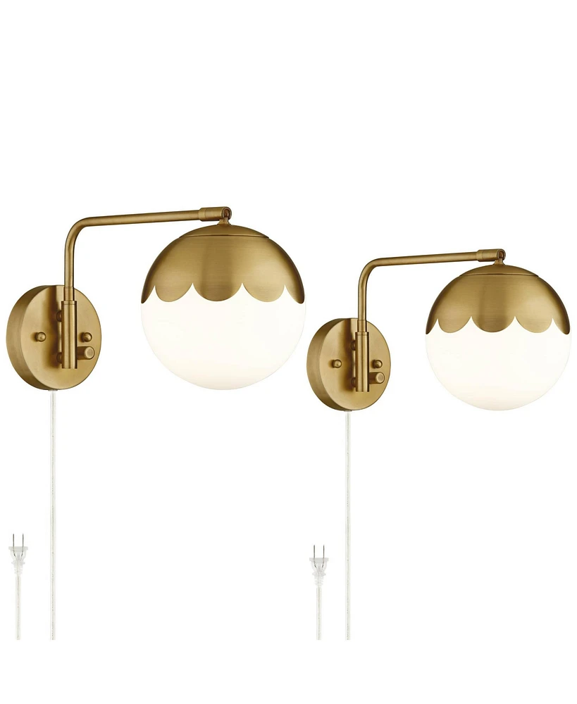 Kelowna Modern Swing Arm Wall Lamps Set of 2 Antique Brass Metal Plug-In Light Fixture Round Glass Globe Shade for Bedroom Bedside House Reading Livin