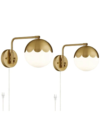 Kelowna Modern Swing Arm Wall Lamps Set of 2 Antique Brass Metal Plug-In Light Fixture Round Glass Globe Shade for Bedroom Bedside House Reading Livin