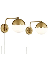 Kelowna Modern Swing Arm Wall Lamps Set of 2 Antique Brass Metal Plug-In Light Fixture Round Glass Globe Shade for Bedroom Bedside House Reading Livin