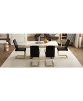 Snow Mountain White Sintered Stone Table & 6 Black Pu Chairs