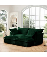 Green Corduroy 2-Seater Sofa with Ottomans & Sleeper