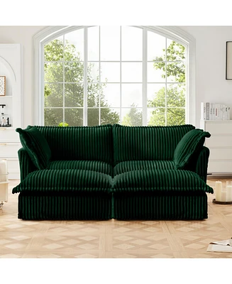 Green Corduroy 2-Seater Sofa with Ottomans & Sleeper