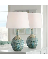 26" High Gourd Mid Century Modern Coastal Table Lamps Set of 2 Teal Ceramic Fabric White Shade Living Room Bedroom Bedside Nightstand House Offic