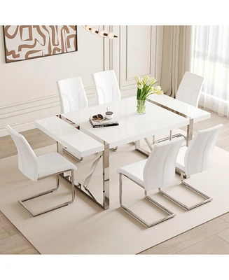 71" White Dining Table Set with 6 Pu Chairs